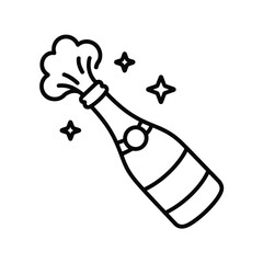 Hand drawn outline of a champagne bottle popping with stars