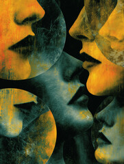 Abstract Fragmented Faces and Lips in Circles, Psychology and Narcissism Theme