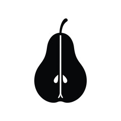 Black silhouette of a pear cut in half showing seeds
