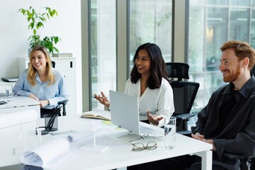 Multiethnic architects talking about new windmill farm project