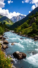 Mountain river flows through lush valley