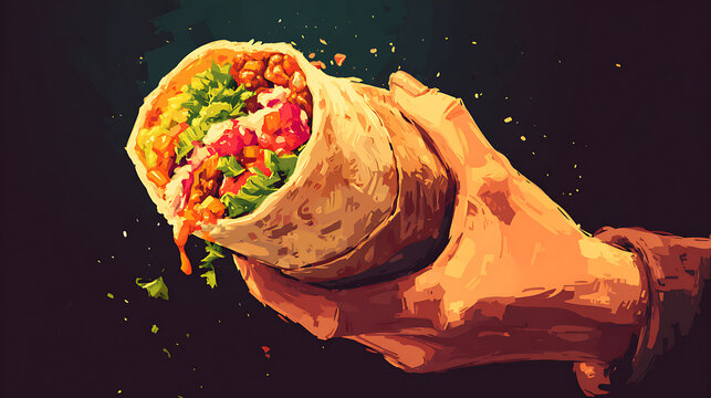  A hand holding a delicious looking burrito from a popular Mexican food joint 
