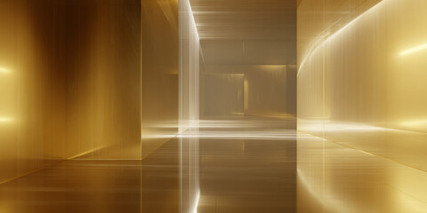 Futuristic Golden Hallway with Sleek Reflective Walls and Symmetrical Lighting Design
