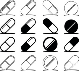 This image features a collection of simple, black and white icons representing various pill and capsule shapes.