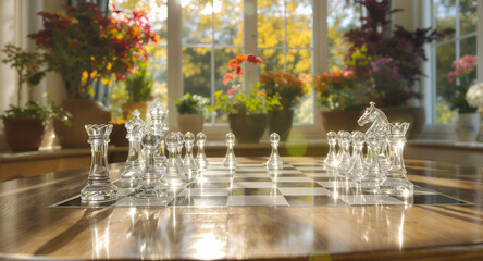 Elegant Crystal Chess Set Arranged on a Polished Wooden Chessboard with Blurred Floral Background and Sunlight