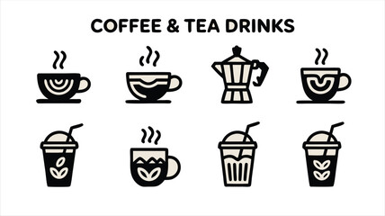 Collection of stylized icons representing various coffee and tea beverages hot and cold drinks served in cups and to go containers