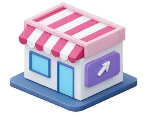 3d illustration of a small store building with pink and white striped awning and blue windows shop retail