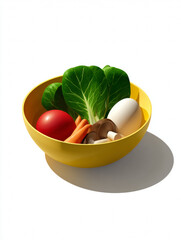 Fresh Vegetables in a Yellow Wooden Bowl Including Lettuce, Carrots, Tomato, and Radishes
