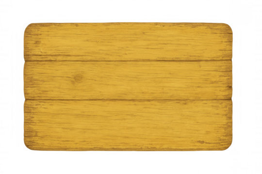 Yellow painted wooden sign with rounded corners and wood grain texture isolated on transparent background, ideal for adding custom text or graphics