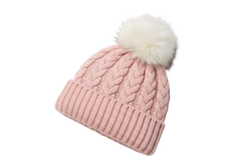 Beige Knit Beanie with Fluffy Pom-Pom Isolated