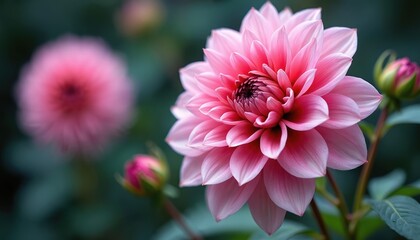 Fototapeta premium Close-up watercolor illustration of pink dahlia in full bloom. Botanical art features detailed petals, buds, rich green foliage. Soft pink hues blend with darker centers, creating vibrant, natural