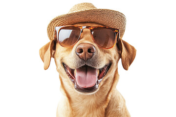 Joyful dog wearing sunglasses and a straw hat with mouth open in happiness