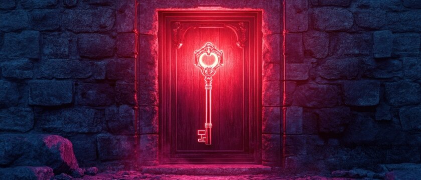 Illuminated key on ancient door mystery secret access concept