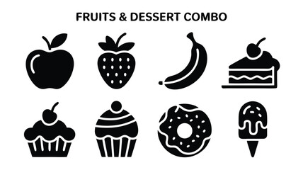 Collection of Delicious Fruity and Sweet Dessert Icons Representing a Variety of Treats