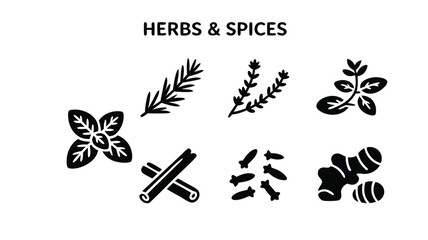 A Collection of Stylized Silhouette Icons Representing Various Herbs and Spices Commonly Used in Cooking and Flavoring Food Preparations