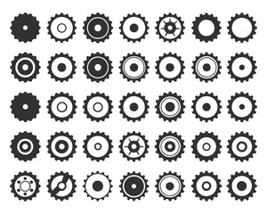 Collection of black-and-white gear and cogwheel icons, representing mechanics, industry, and engineering concepts