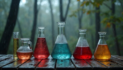 Five Glass Flasks Filled with Colorful Liquids Arranged on a Wet Wooden Surface Outdoors on a Rainy Day