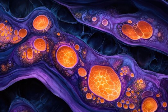 Abstract artwork depicting vibrant orange and purple organic forms resembling cellular structures or a microscopic view. - Powered by Adobe