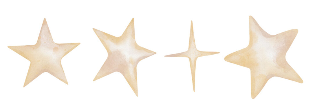 Hand drawn watercolor set of illustration of the beige yellow stars for Baby shower invitations or nursery wall art. Drawing sky perfect for conveying a dreamy, mystical atmosphere soft colors.