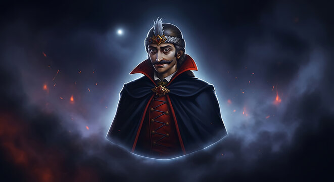 Halloween a regal portrait of vlad the impaler, capturing his stern gaze and imposing presence amidst a dark, atmospheric backdrop filled with mystery