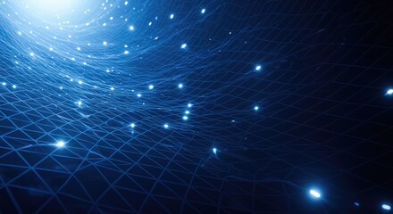 Fototapeta premium Abstract glowing blue digital wave mesh with neon grid lines and bright particle lights. Futuristic cyber technology background symbolizing data networks, innovation, artificial intelligence, and flow