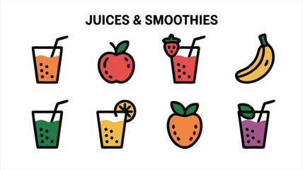 A Colorful Assortment of Fresh Fruit Juices and Creamy Smoothies Represented by a Delightful Icon Set