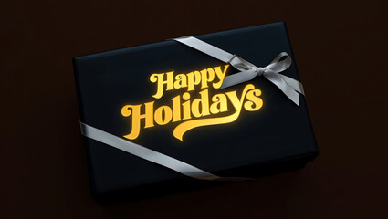 Elegant black gift box with happy holidays text and silver ribbon