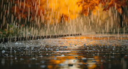 Golden Autumn Rain Falling on Wet Wooden Deck Reflecting Warm Sunlight and Blurry Trees