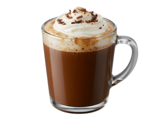 Glass Mug of Mocha Coffee with Whipped Cream Isolated on Transparent Background