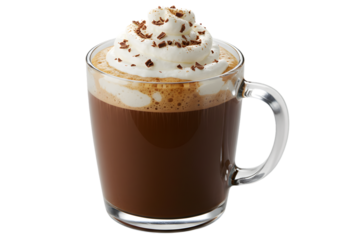 Glass Mug of Mocha Coffee with Whipped Cream Isolated on Transparent Background