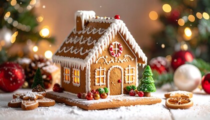 Festive gingerbread house with holiday decorations