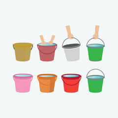 Flat vector illustration of colorful plastic and metal buckets, some filled with water and hands holding, isolated on white background, household and cleaning equipment.