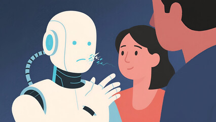 Robot Interacting with Two Humans, Showing Emotional Nuance and Technological Communication