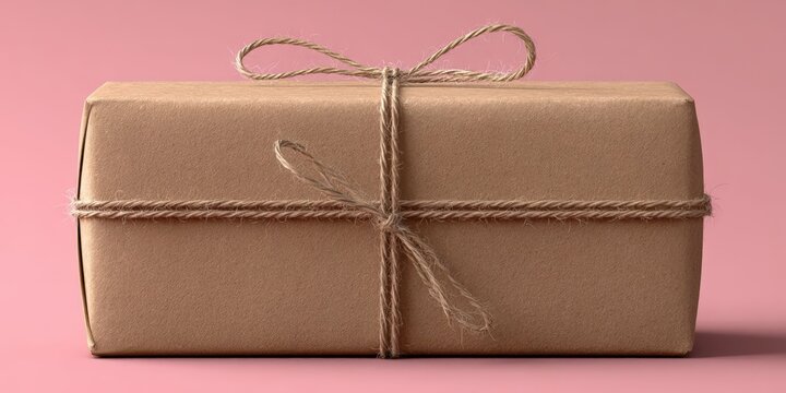 Brown Kraft Paper Package with Twine on Pink Background