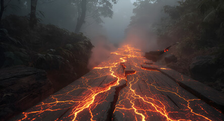 Fiery Lava Flow Through a Misty, Enchanted Forest, Illuminating the Dark Woods