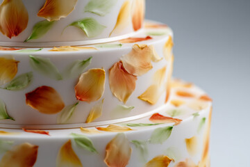 A close-up of an elegant tiered wedding cake adorned with hand-painted orange blossom floral designs
