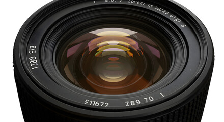 Close-Up Camera Lens with Chromatic Aberration Isolated on Transparent Background  