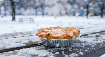 Warm Apple Pie Steaming on a Snowy Park Bench in a Winter Wonderland
