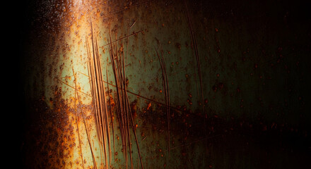 Oxidized metal background, deep scratches and side light creating dramatic contrast