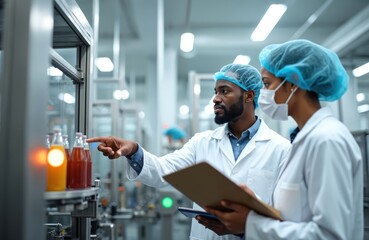 African American male, female workers inspect beverage product on bottling line in factory. Team examines bottles on machinery, ensuring quality, hygiene standards. Diversity in industrial production.