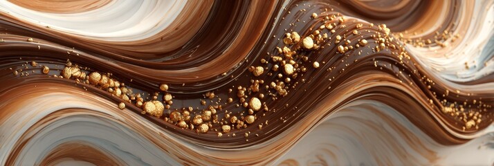 Luxurious melted chocolate with swirling patterns and gold edible beads, ideal for gourmet dessert or premium confectionery marketing