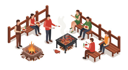 Outdoor barbecue gathering with friends in isometric style