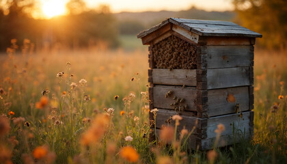 Rustic Wooden Beehive in a Meadow at Golden Hour with Bees Flying Among Wildflowers, Evoking Nature and Tranquility