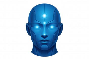 Blue metallic cyborg head with glowing eyes and forehead on transparent background, showcasing the power of artificial intelligence