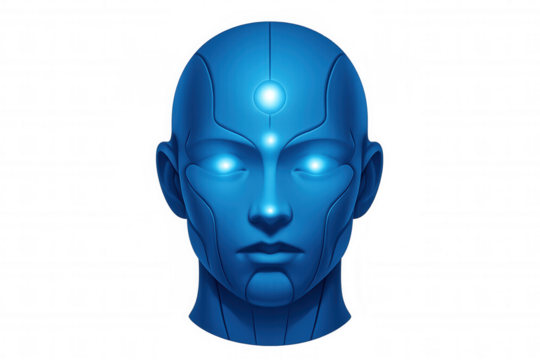 Blue metallic cyborg head with glowing eyes and forehead on transparent background, showcasing the power of artificial intelligence