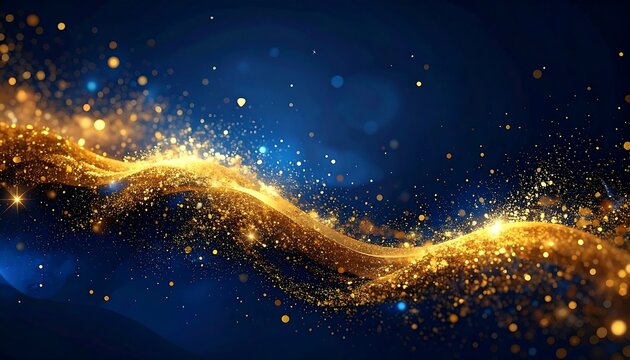 Gold particles flowing in a wave pattern against a dark blue backdrop