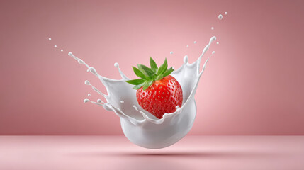 A fresh ripe strawberry splashing into a pool of creamy white liquid against a soft pink background
