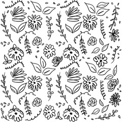 Naive style floral seamless pattern. Childish hand drawn with pen brush. Abstract wallpaper design for background, print, fabric, decoration, textile. Black line art doodle background 