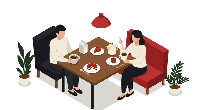 Isometric cafe scene with couple dining and minimalist decor in modern style