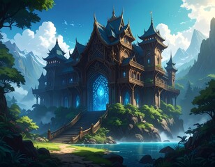 Fantasy castle by a serene lake